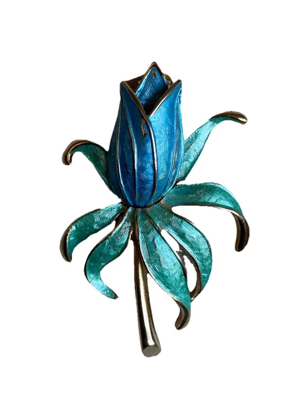 Pastelli Blue Green Guilloche Enamel Tulip Flower Brooch Gold Tone Vintage Pin